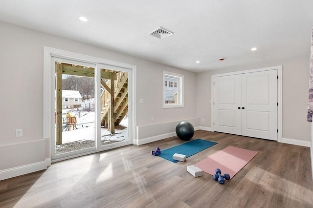 exercise area featuring dark hardwood / wood-style flooring