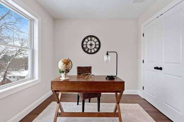 office space featuring dark hardwood / wood-style flooring