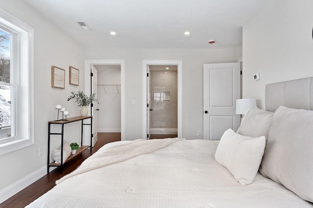 bedroom with multiple windows, a closet, dark hardwood / wood-style floors, and a spacious closet