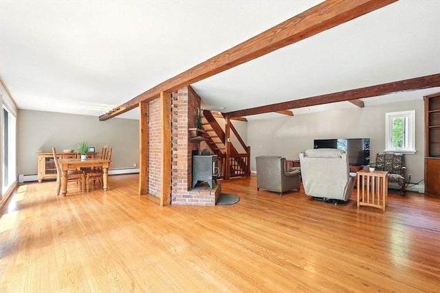 237 Shutesbury Rd, Amherst, MA 01002 - living room featuring a wood stove, wood finished floors, baseboard heating, and beamed ceiling