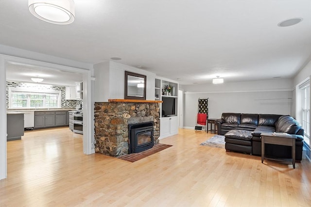 living area featuring light wood finished floors and a wood stove