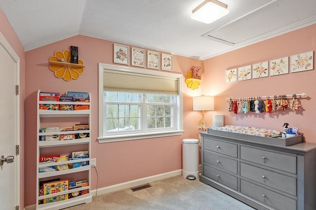 bedroom featuring carpet, baseboards, and lofted ceiling