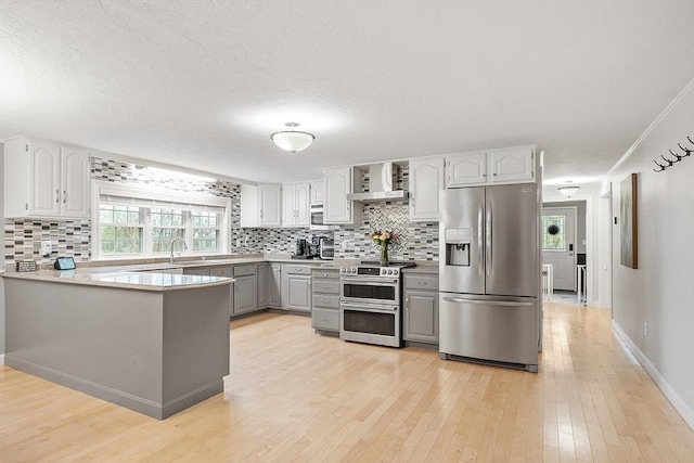 kitchen featuring appliances with stainless steel finishes, gray cabinetry, wall chimney range hood, tasteful backsplash, and light wood finished floors