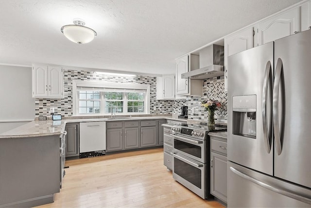 kitchen with appliances with stainless steel finishes, gray cabinets, wall chimney exhaust hood, a sink, and decorative backsplash