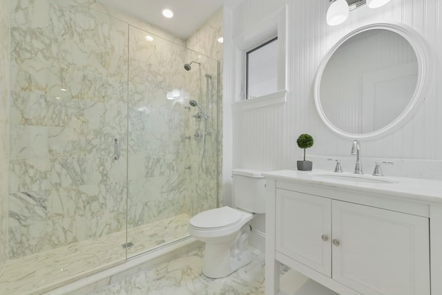 bathroom featuring walk in shower, toilet, tile patterned floors, and vanity