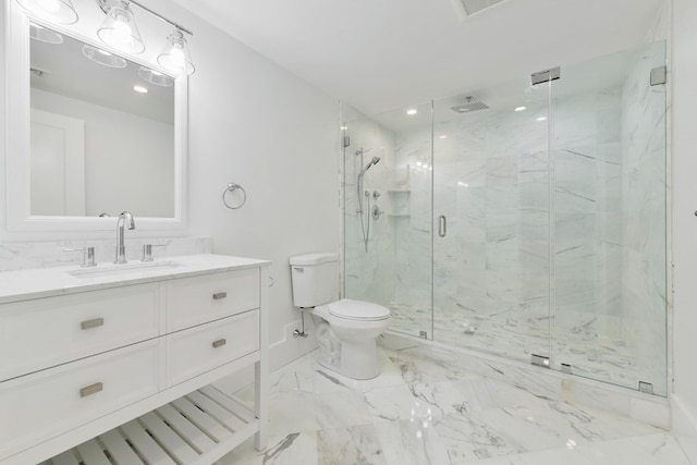 bathroom with walk in shower, vanity, tile patterned flooring, and toilet