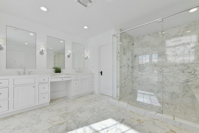 bathroom with a shower with door, ornamental molding, tile patterned floors, and vanity