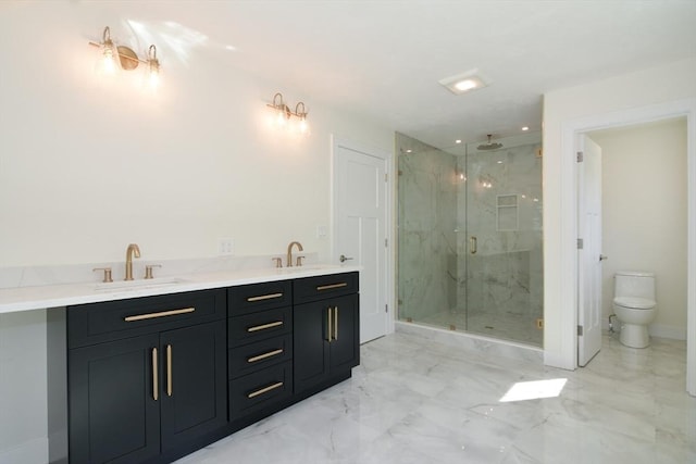 bathroom with vanity, toilet, and a shower with shower door