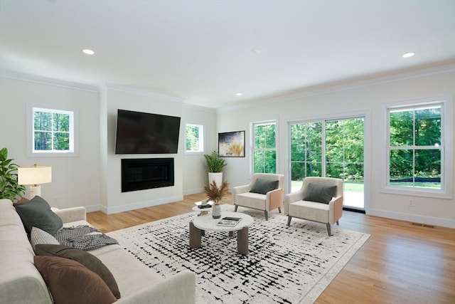 living room with light wood-type flooring and ornamental molding