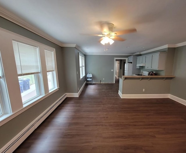 interior space with ceiling fan, crown molding, dark hardwood / wood-style flooring, and a baseboard radiator