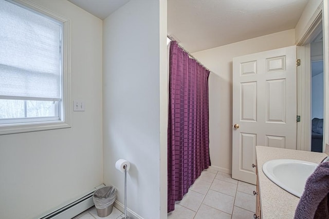 227 Village St, Millis, MA 02054 - full bathroom featuring tile patterned flooring, curtained shower, vanity, and baseboard heating