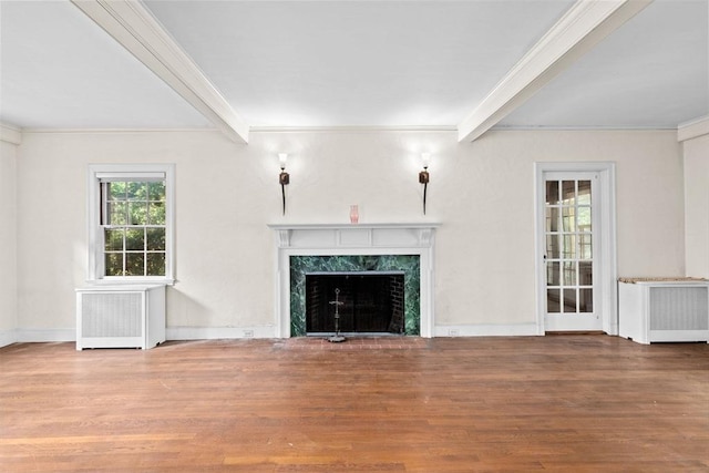 25 Hundreds Cir, Wellesley, MA 02481 - unfurnished living room featuring radiator heating unit, beam ceiling, healthy amount of natural light, a premium fireplace, and ornamental molding