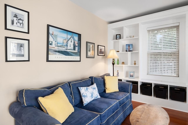 living room with built in features and hardwood / wood-style flooring