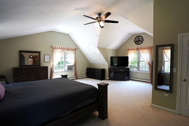 42 Wall St, Middleboro, MA 02346 - bedroom featuring a baseboard heating unit, light carpet, lofted ceiling, and ceiling fan