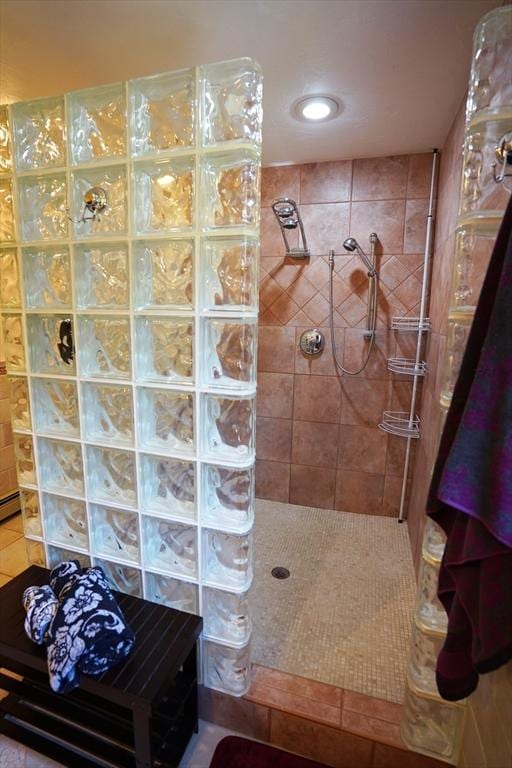 42 Wall St, Middleboro, MA 02346 - bathroom with a walk in shower, recessed lighting, and tile patterned floors
