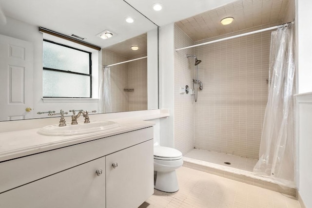 227 Summit Unit W207, Brookline, MA 02446 - full bathroom featuring vanity, toilet, tiled shower, recessed lighting, and tile patterned floors