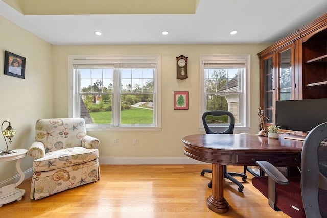 office area featuring wood finished floors, recessed lighting, and baseboards