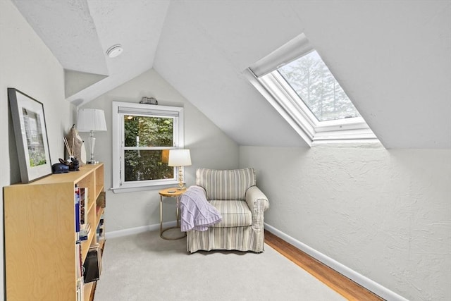 23 Garden Rd, Scituate, MA 02066 - sitting room with vaulted ceiling, a skylight, and a textured wall