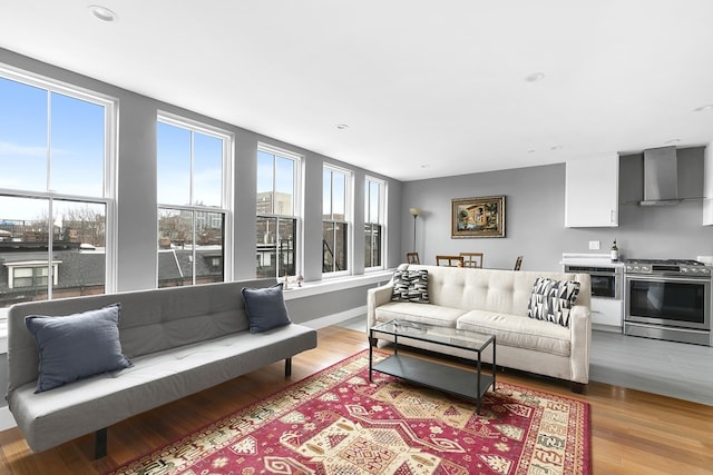 living area featuring recessed lighting and light wood-style floors