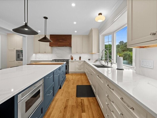 10 Beech St, Millis, MA 02054 - kitchen featuring a sink, appliances with stainless steel finishes, premium range hood, blue cabinets, and light wood finished floors