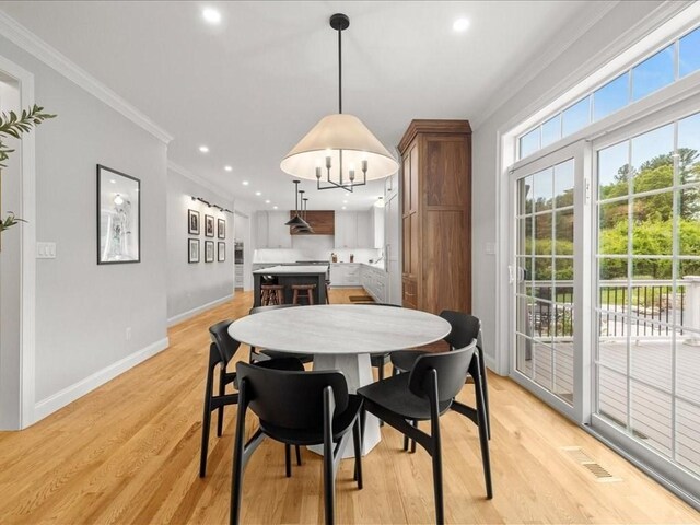 10 Beech St, Millis, MA 02054 - dining room featuring ornamental molding, baseboards, light wood finished floors, and recessed lighting