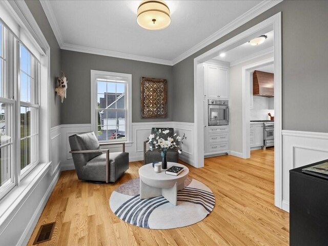 10 Beech St, Millis, MA 02054 - living area featuring light wood-style flooring, ornamental molding, and wainscoting