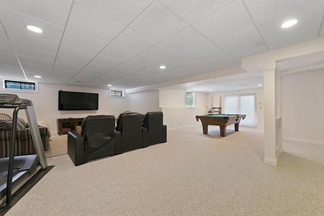 carpeted home theater room featuring recessed lighting, billiards, a paneled ceiling, and baseboards