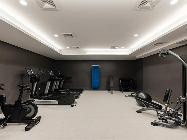 gym with a raised ceiling