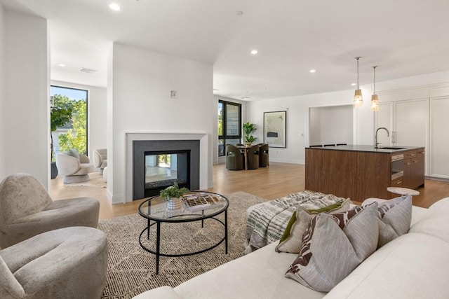 living room featuring sink and light wood-type flooring