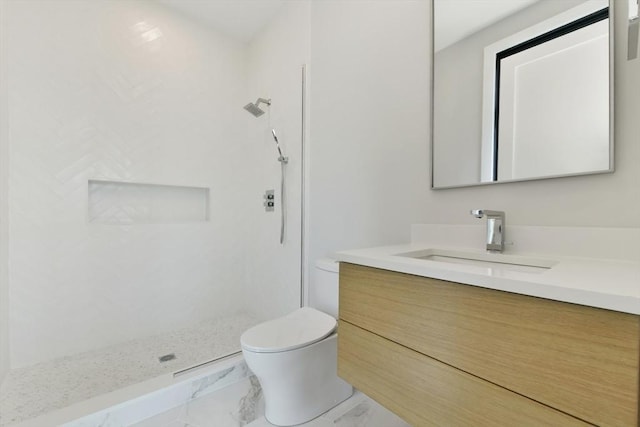 full bath with toilet, a stall shower, marble finish floor, and vanity