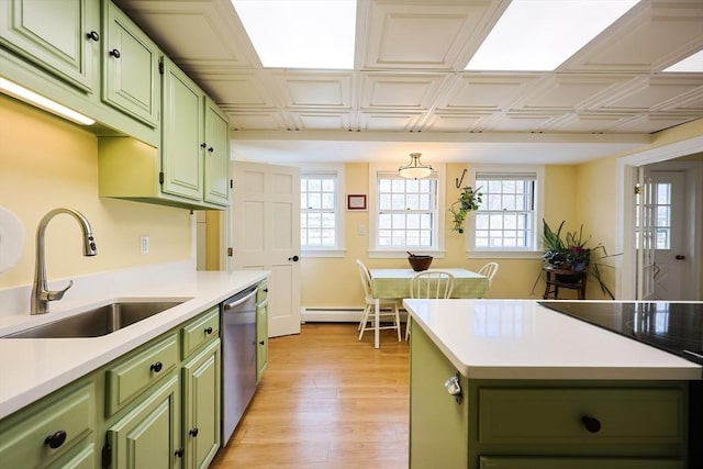 kitchen featuring an ornate ceiling, green cabinetry, a sink, and dishwasher