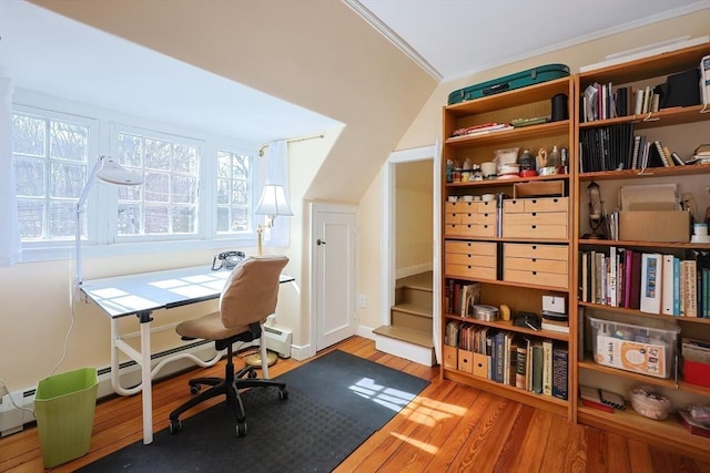 office featuring a baseboard radiator and wood finished floors