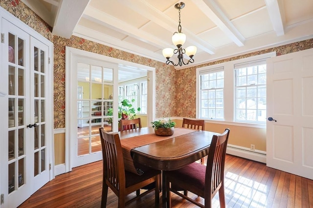 dining room with beamed ceiling, hardwood / wood-style floors, and wallpapered walls