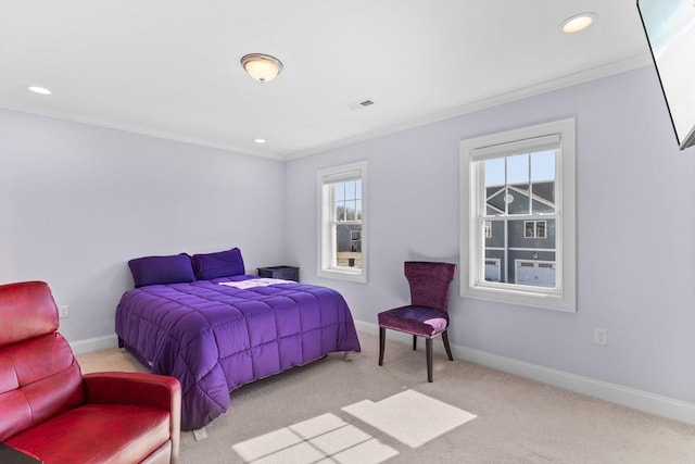 bedroom featuring visible vents, baseboards, and ornamental molding