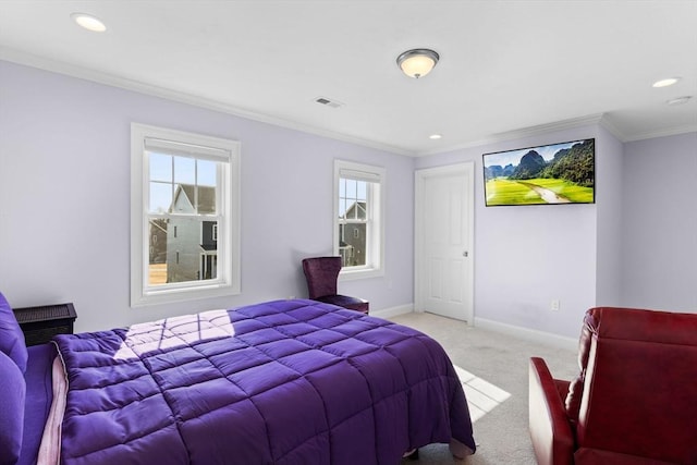 bedroom with carpet flooring, recessed lighting, crown molding, and baseboards