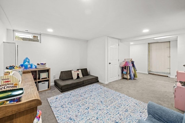 game room featuring carpet floors, recessed lighting, and baseboards