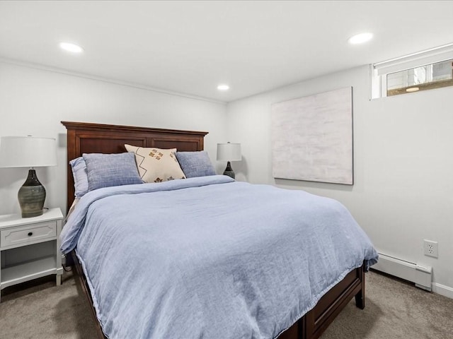 bedroom featuring baseboards, carpet, a baseboard heating unit, and recessed lighting