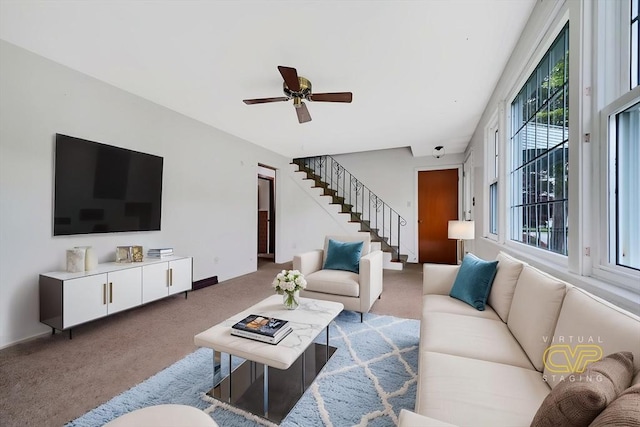 209 Sharp St, Dartmouth, MA 02747 - carpeted living area featuring stairs and ceiling fan