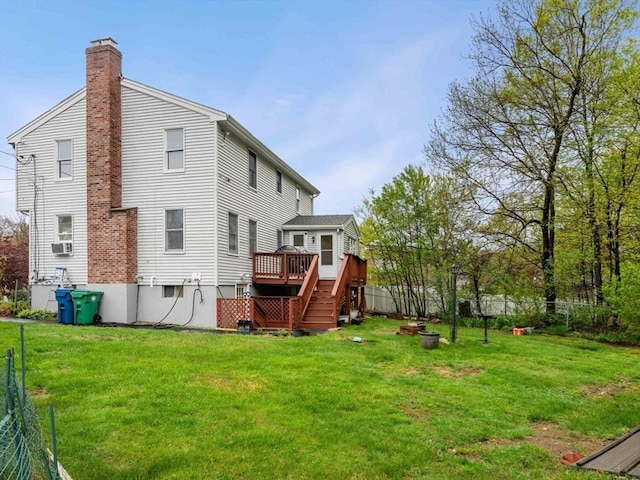 11 Douglas Ave, Burlington, MA 01803 - rear view of house with a chimney, a wooden deck, stairway, and cooling unit