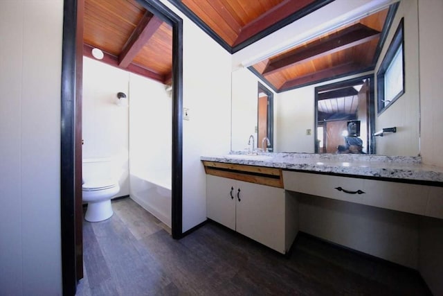 bathroom featuring wood ceiling, wood-type flooring, vanity, vaulted ceiling with beams, and toilet