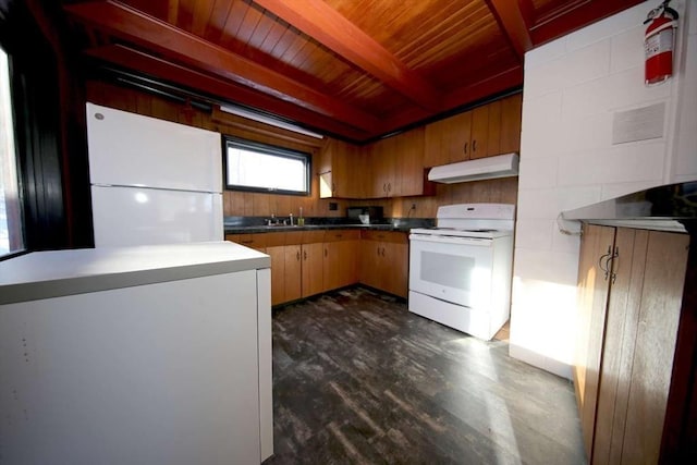 kitchen with wooden ceiling, sink, beam ceiling, and white appliances