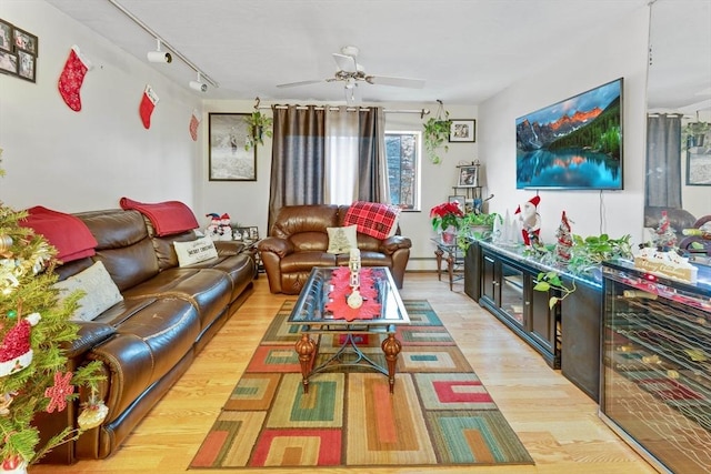 living room featuring ceiling fan, track lighting, and light wood-type flooring