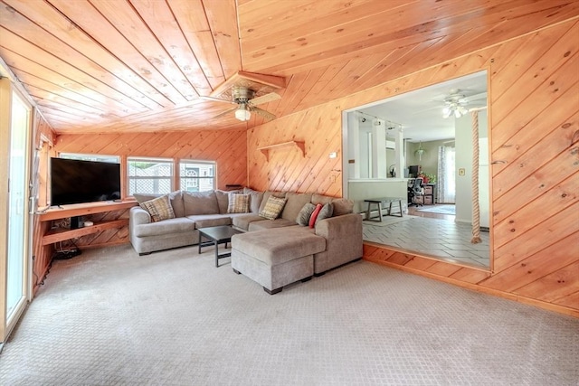 71 Webber Rd, Brookfield, MA 01506 - living area featuring ceiling fan, wood walls, wood ceiling, and carpet flooring