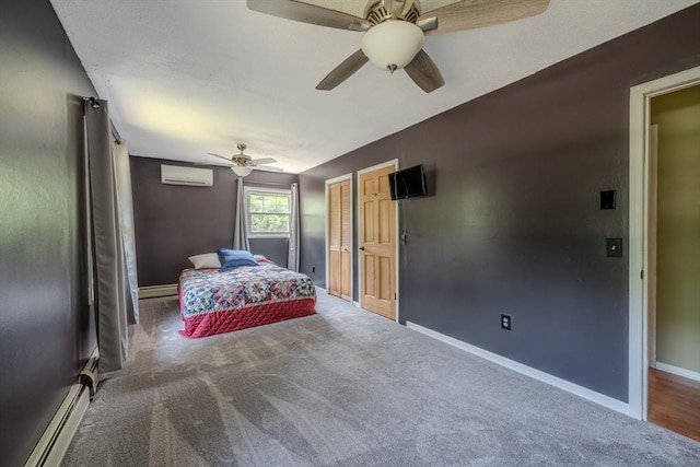 71 Webber Rd, Brookfield, MA 01506 - bedroom with a baseboard radiator, a wall unit AC, carpet flooring, and ceiling fan