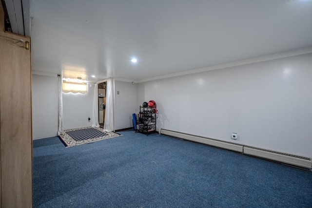 71 Webber Rd, Brookfield, MA 01506 - finished basement with baseboard heating, crown molding, carpet, and recessed lighting