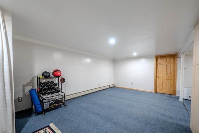 71 Webber Rd, Brookfield, MA 01506 - finished below grade area featuring a baseboard heating unit, carpet, and crown molding