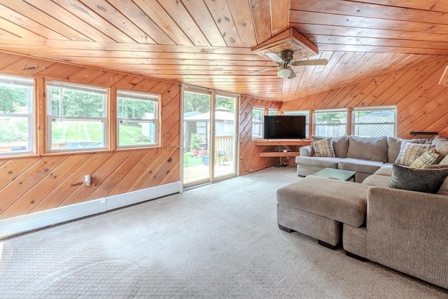 71 Webber Rd, Brookfield, MA 01506 - carpeted living room featuring wooden ceiling, wooden walls, a ceiling fan, lofted ceiling, and a baseboard radiator