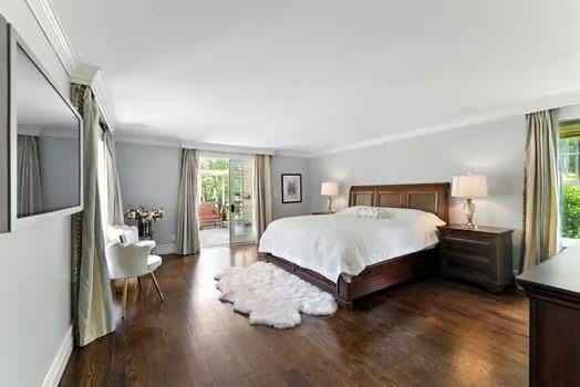 56 Cart Path Rd, Weston, MA 02493 - bedroom with multiple windows, access to exterior, crown molding, and dark wood-style flooring