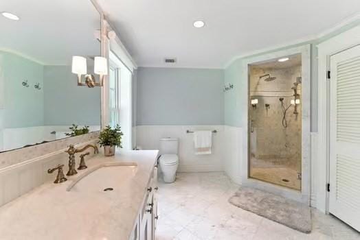 56 Cart Path Rd, Weston, MA 02493 - full bath with a shower stall, vanity, a chandelier, and recessed lighting