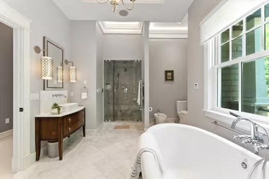 56 Cart Path Rd, Weston, MA 02493 - full bath with vanity, a freestanding tub, a stall shower, a bidet, and a chandelier